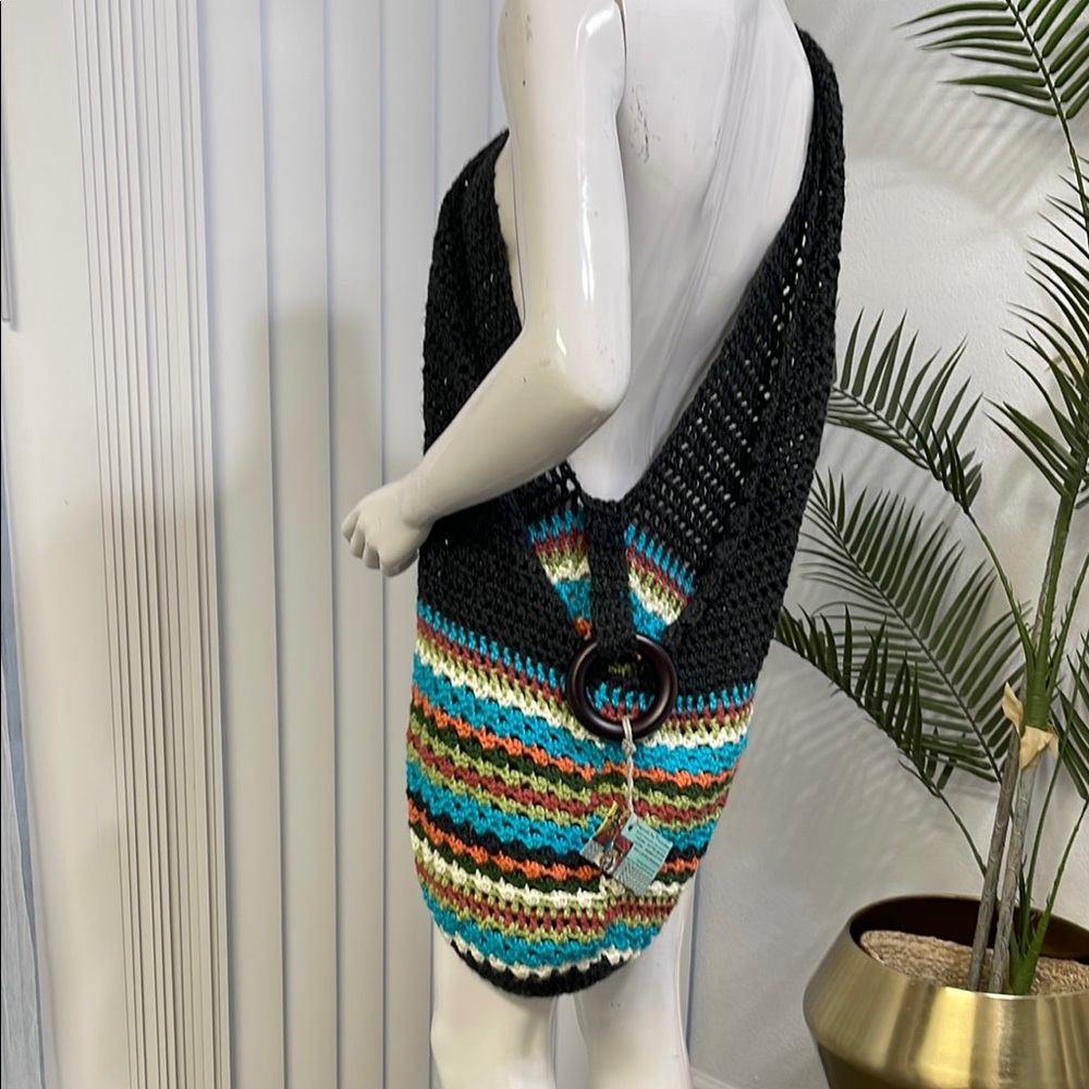 Stylish Black and Blue Shoulder Bag with Woven Texture